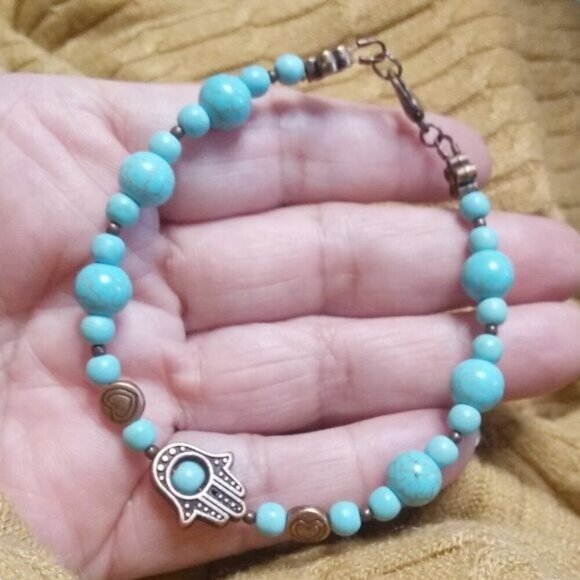Hamsa Hand Blessings Bracelet! 7.5-8" Wrists! Turquoise Howlite + Copper Beads! - Picture 2 of 8